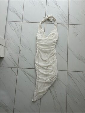 Oh Polly Ivory Asymmetrical Halter Ruched Dress